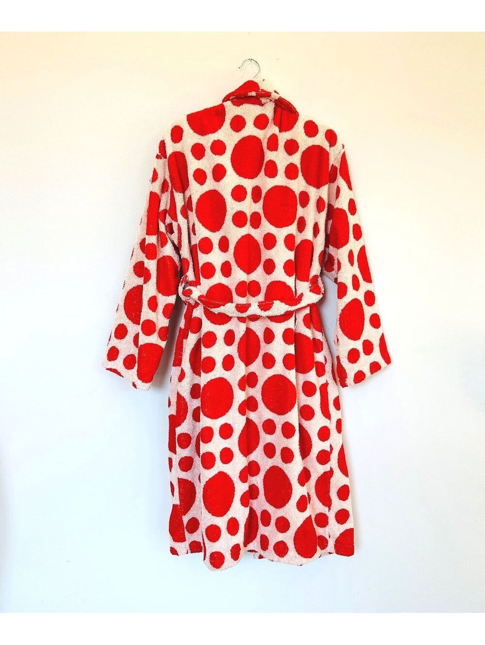 Dusen Dusen Wingdings Polka Dot Bathrobe Red White Cotton Terry Robe Pockets Spa - Picture 2 of 4